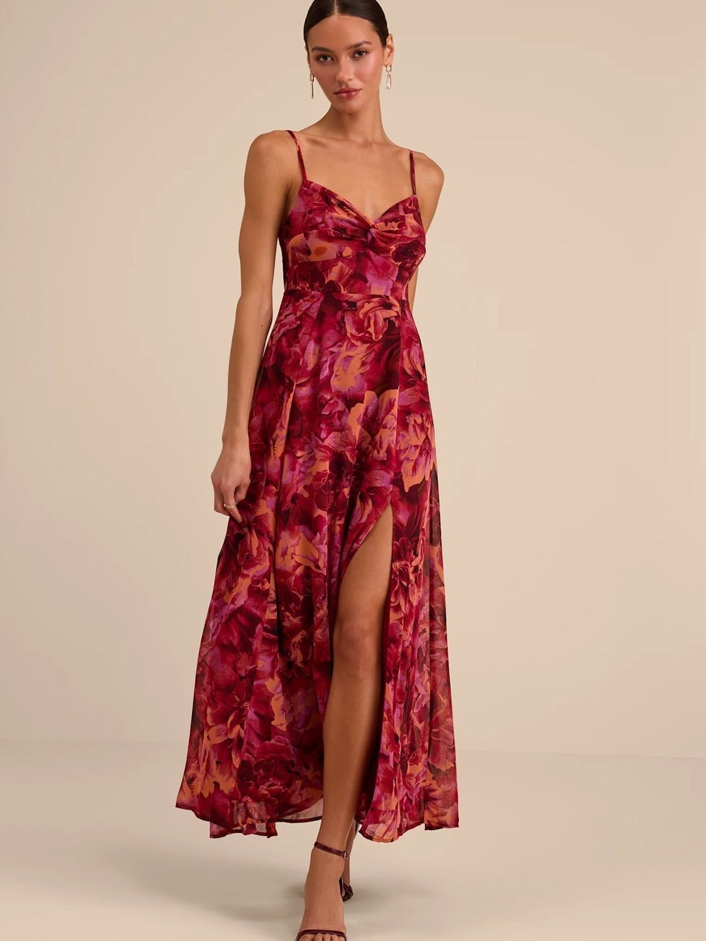 Lulus Beautiful Soul Burgundy Floral Print Twist-Front Maxi Dress Size XS